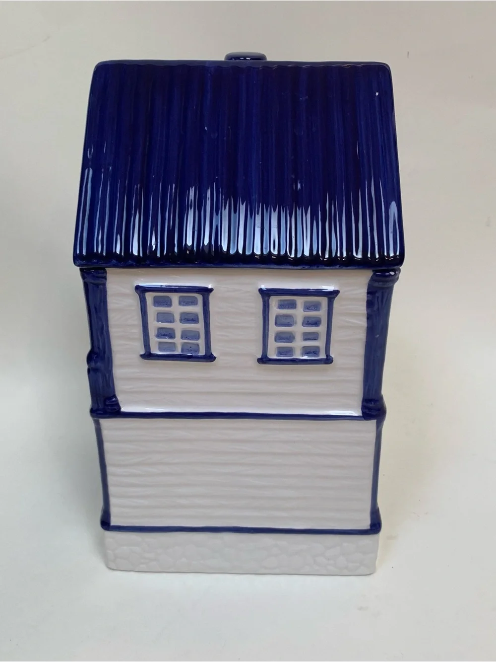 Vintage CKAO Ceramic Victorian Style House Cookie Jar Blue White, 11